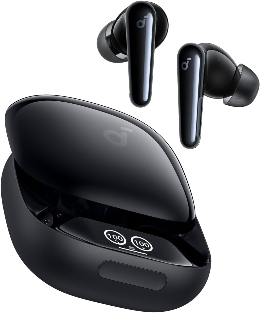 Black wireless earbuds with charging case on a white background