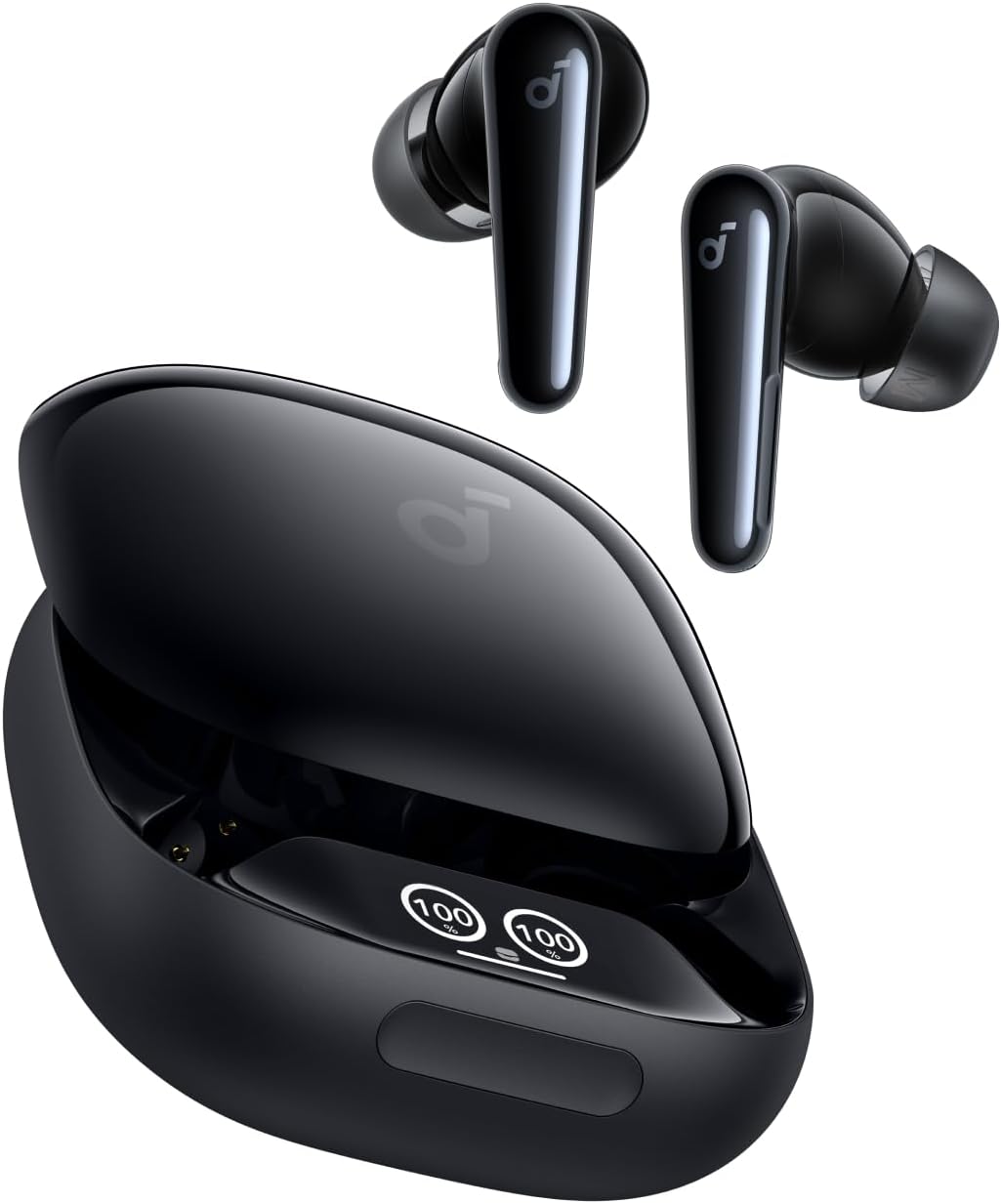 Black wireless earbuds with charging case on a white background